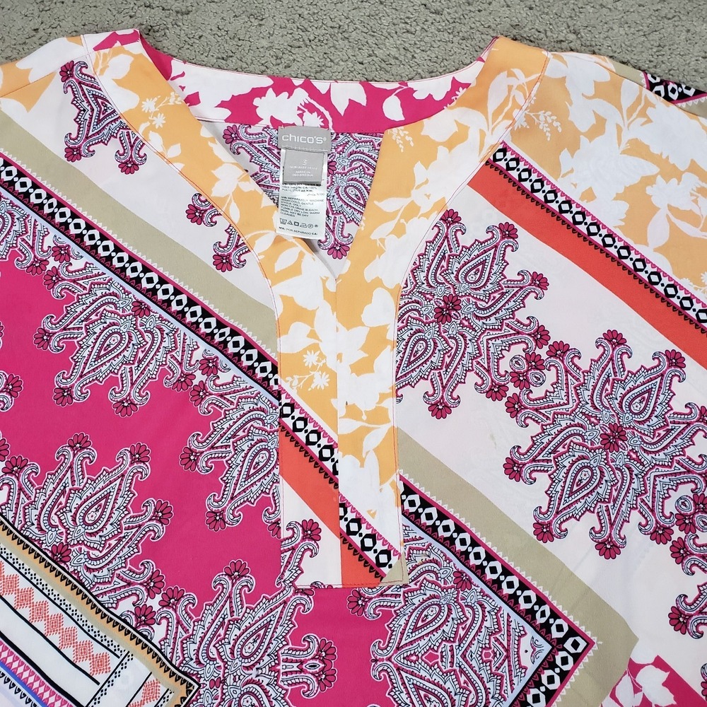 Chico's Blouse Top Womens 3 (16/18) Paisley Tie Top Dolman Sleeve Pink Orange - Picture 4 of 12
